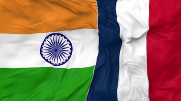 India and France Flags Together Seamless Looping Background, Looped Bump Texture Cloth Waving Slow Motion, 3D Rendering video