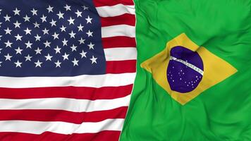 United States and Brazil Flags Together Seamless Looping Background, Looped Bump Texture Cloth Waving Slow Motion, 3D Rendering video