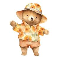 Watercolor Cute Bear Wearing Flower Hat And Jacket Concept vector