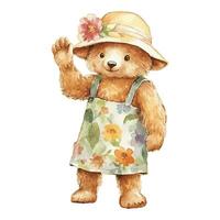 Watercolor Cute Bear Say Hi With Flower Hat and Flower JumpSuit Concept vector