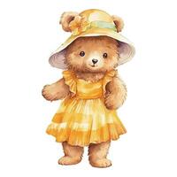 Watercolor Cute Bear Wearing Yellow Summer Hat And Dress in White Background Concept vector