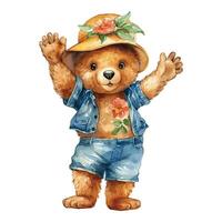 Watercolor Cute Bear Wearing Flower Hat, Denim Shirt And Pants Raising Both Hands Concept vector