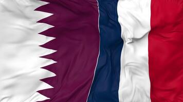 Qatar and France Flags Together Seamless Looping Background, Looped Bump Texture Cloth Waving Slow Motion, 3D Rendering video