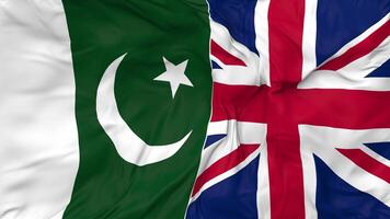 United Kingdom and Pakistan Flags Together Seamless Looping Background, Looped Bump Texture Cloth Waving Slow Motion, 3D Rendering video