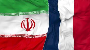 Iran and France Flags Together Seamless Looping Background, Looped Bump Texture Cloth Waving Slow Motion, 3D Rendering video