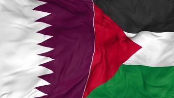 Qatar and Palestine Flags Together Seamless Looping Background, Looped Bump Texture Cloth Waving Slow Motion, 3D Rendering video