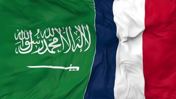 ksa, Royaume de saoudien Saoudite et France drapeaux ensemble sans couture boucle arrière-plan, en boucle bosse texture tissu agitant lent mouvement, 3d le rendu video