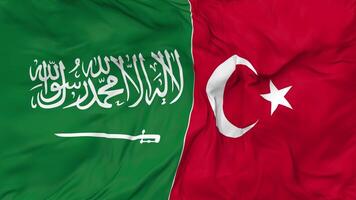 KSA, Kingdom of Saudi Arabia and Turkey Flags Together Seamless Looping Background, Looped Bump Texture Cloth Waving Slow Motion, 3D Rendering video