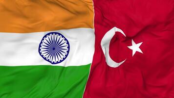 India and Turkey Flags Together Seamless Looping Background, Looped Bump Texture Cloth Waving Slow Motion, 3D Rendering video