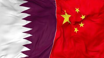 China and Qatar Flags Together Seamless Looping Background, Looped Bump Texture Cloth Waving Slow Motion, 3D Rendering video
