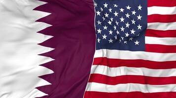 United States and Qatar Flags Together Seamless Looping Background, Looped Bump Texture Cloth Waving Slow Motion, 3D Rendering video