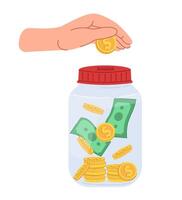 Hand putting coins into jar with cash. Saving money. Financial growth concept, accumulation of money, monetary wealth. Illustration isolated on white background. vector