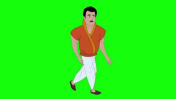 Indian men cartoon character walk-cycle animation green screen loop video