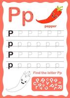 Tracing letters alphabet. Uppercase and lowercase letter p Engish alphabet. Handwriting exercise for kids. Vector illustration