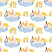 Seamless patterns with cute magical with a sleeping unicorn on the clouds. Vector illustration