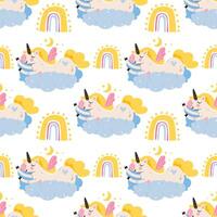 Seamless patterns with cute magical with a sleeping unicorn on the clouds. Vector illustration