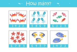 Count how many sea animals and fish. Counting game for kids. Educational a mathematical game. Flat vector illustration.