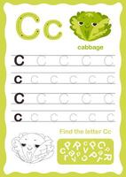 Uppercase and lowercase letter C Engish alphabet. Tracing letters alphabet. Handwriting exercise for kids. Vector illustration