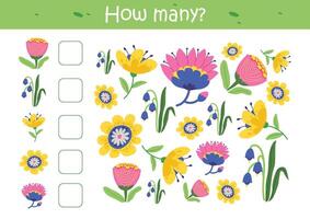 Counting game for kids. Educational a mathematical game. Count how many flowers. Flat vector illustration.