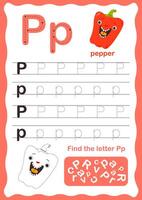 Tracing letters alphabet. Uppercase and lowercase letter p Engish alphabet. Handwriting exercise for kids. Vector illustration