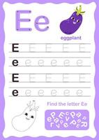 Tracing letters alphabet. Uppercase and lowercase letter E Engish alphabet. Handwriting exercise for kids. Vector illustration