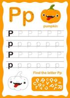 Tracing letters alphabet. Uppercase and lowercase letter p Engish alphabet. Handwriting exercise for kids. Vector illustration