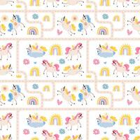 Seamless patterns with cute magical unicorns and rainbows. Vector illustration