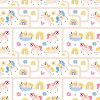 Seamless patterns with cute magical unicorns and rainbows. Vector illustration