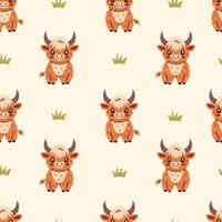 Adorable highland cow seamless pattern vector