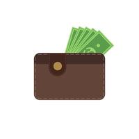 wallet and money flat design vector illustration. Flat Design Banking and Finance Wallet. Brown wallet with green paper money. Wallet with money dollar banknote