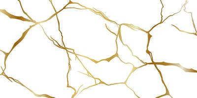 Gold kintsugi repair cracks background texture vector illustration isolated on white background. Broken foil marble pattern with golden dry cracks. Wedding card, cover or print pattern Japanese motif.