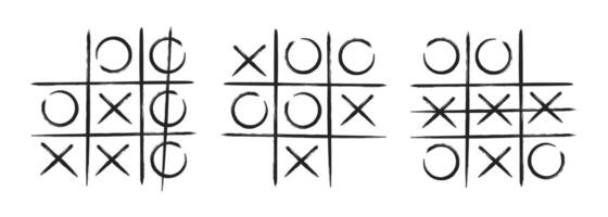 Tic tac toe xo game hand drawn grid doodle template vector illustration set isolated on white background