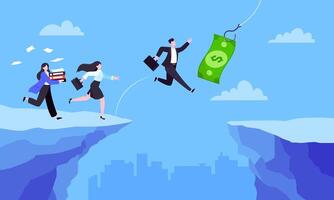 Fishing money chase business concept with people running after dangling dollar. vector