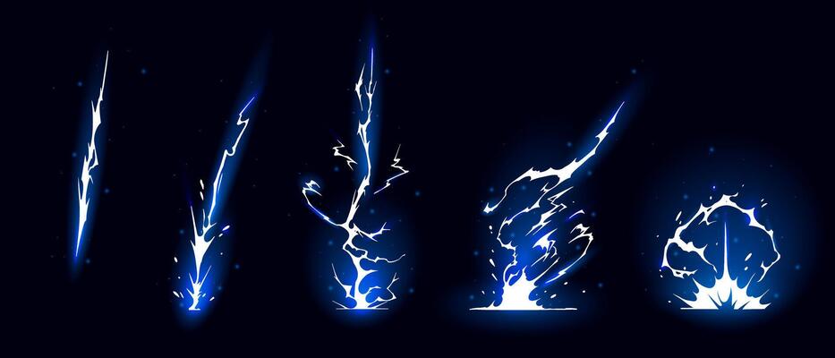 Lightning strike bolt silhouettes sequence vector illustration.