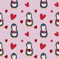 Lovely pattern with penguins and hearts. Vector holiday background. Valentine's Day. Gift wrap, print, cloth, cute background for a card.