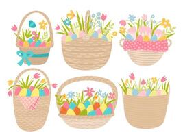 Flat Easter baskets with colored eggs and spring flowers vector set. Cute baskets with Easter eggs and flowers set