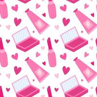 Cosmetics flat style pink seamless pattern. Make up elements vector pattern