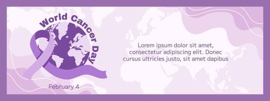 Banner Horizontal Design Concept for Cancer Awareness Month. Features a Violet Ribbon Cancer Symbol for Health Campaigns with world map on background vector