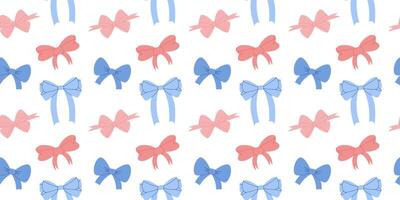 Elegant Seamless Pattern Featuring Simple Pink And Blue Ribbon Bows for Fashion Textile or Wallpaper Background. Vector Illustration for a Baby reveal Party Design.