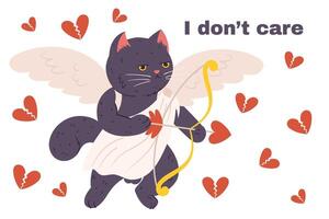 Grumpy cupid cat flying in a white cloth, holding arrow and bow in paw with wings behind him. Annoyed character who doesn't like Valentine's Day And Text - I Don't care vector