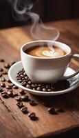 AI generated Cup of coffee with steam on a wooden table photo