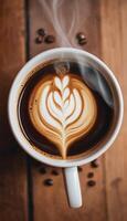 AI generated Cup of coffee with steam on a wooden table photo