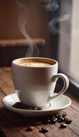 AI generated Cup of coffee with steam on a wooden table photo