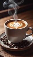 AI generated Cup of coffee with steam on a wooden table photo