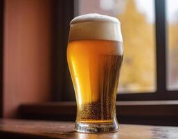 AI generated Beer in  glass in a bar with bokeh background photo