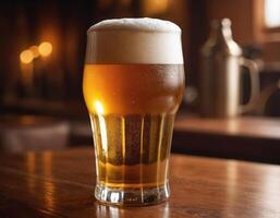 ai generado cerveza en vaso en un bar con bokeh antecedentes foto