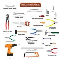Set of work tools color vector. Icon for web, tag, label, mechanical shop, garage, repair shop, workshop. Symbol for mechanical engineering, carpentry, mechanic, engineer, carpenter, construction vector