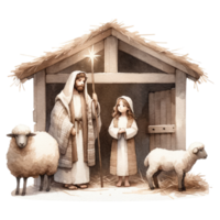 AI generated Serene watercolor depiction of the Nativity scene, with Mary and Joseph admiring Baby Jesus in the manger. png