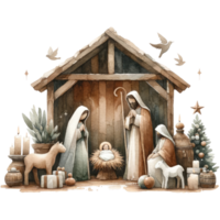 AI generated Serene watercolor depiction of the Nativity scene, with Mary and Joseph admiring Baby Jesus in the manger. png