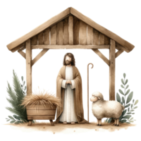 ai gerado sereno aguarela representação do a natividade cena, com Maria e Joseph admirando bebê Jesus dentro a manjedoura. png